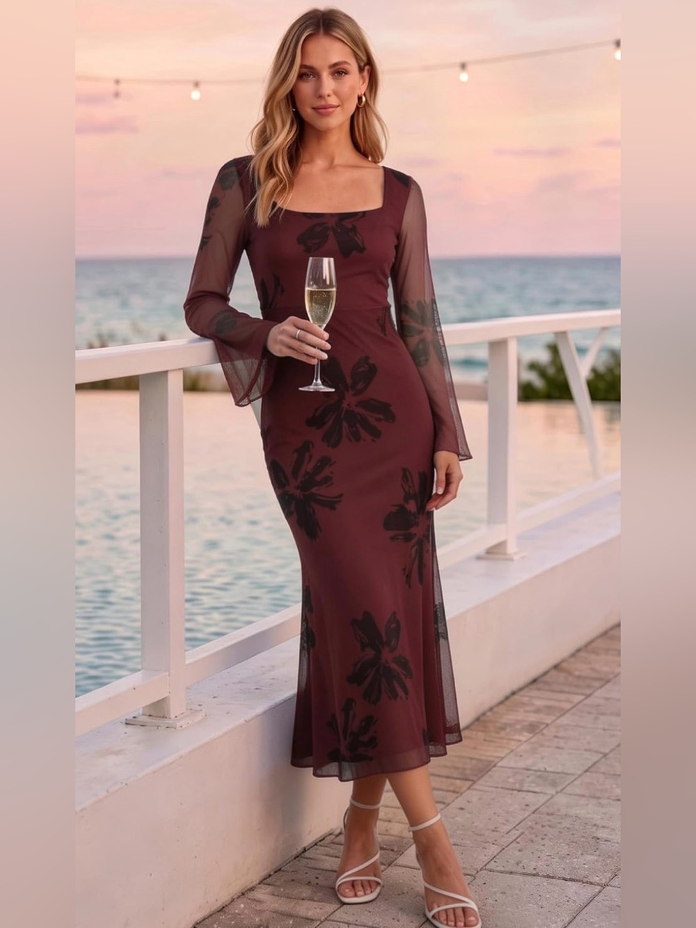 Elegant Wine Floral Mesh Long-Sleeve Midi Dress